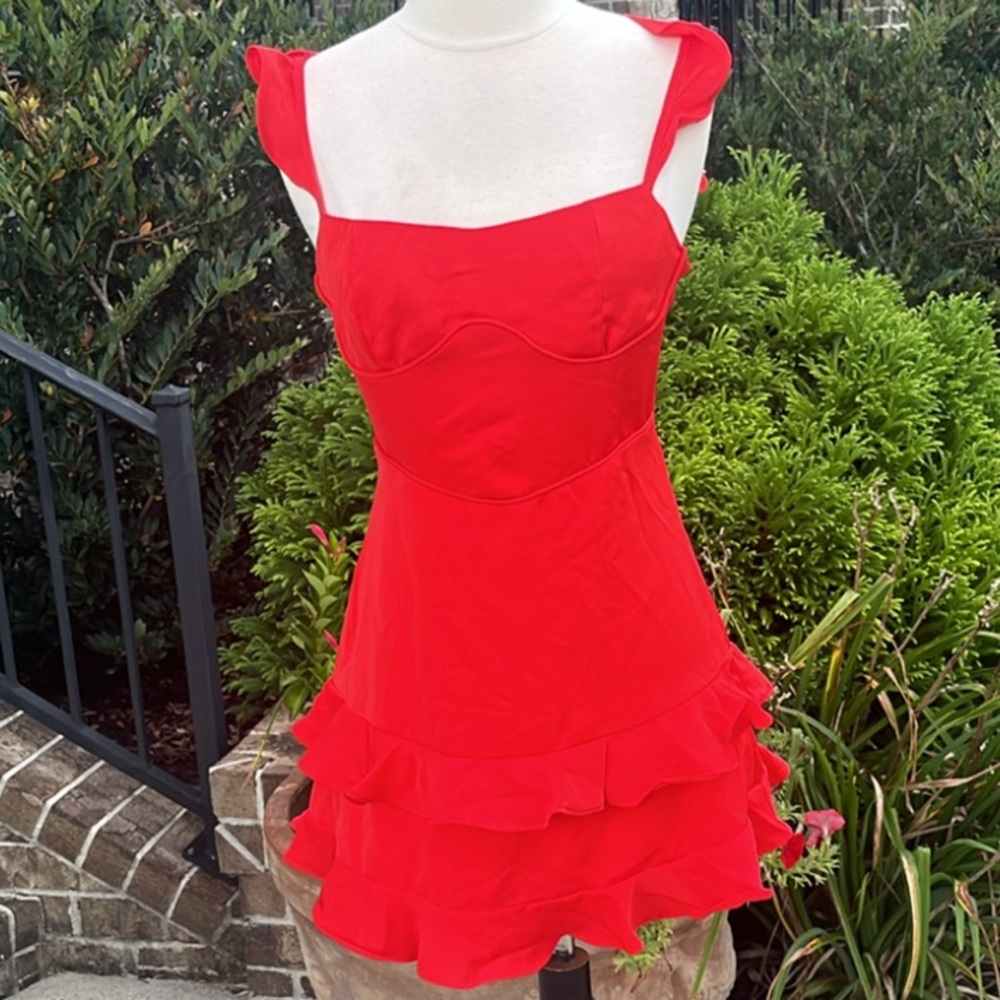 Red Flirty Flutter Sleeve Party Mini Dress New - Picture 3 of 13